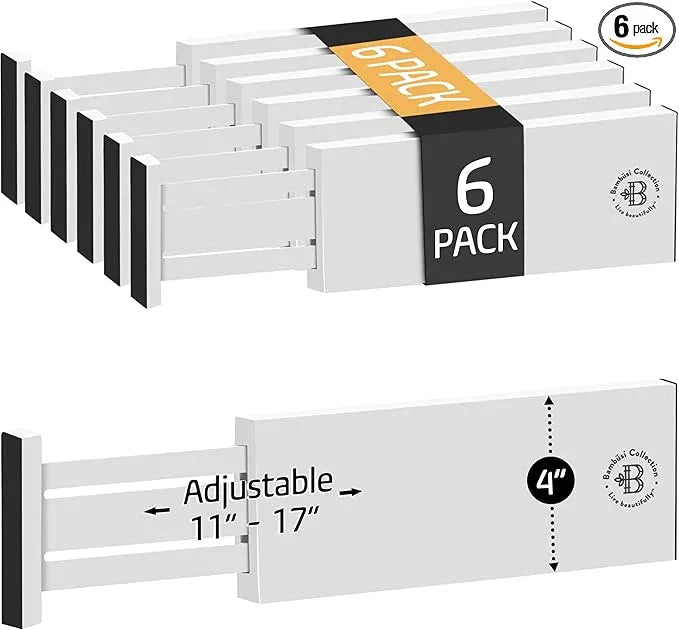 6 Pack Drawer Dividers 4 Inch High, 11”-17" Adjustable Bamboo Organizers Large Expandable Drawer Separators for Cloths, Dresser, Bedroom, Bathroom, Baby Drawer, Office & Kitchen Utensils (White) - ModernBath