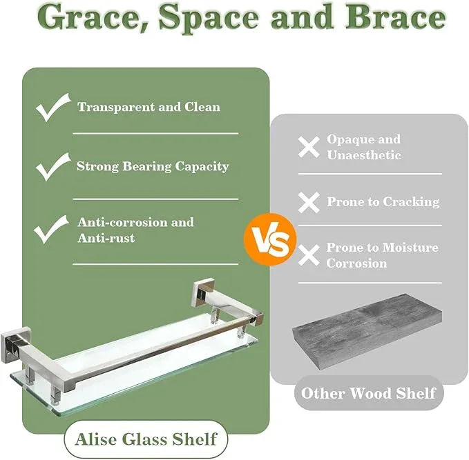 Alise Bathroom Glass Shelf with Stainless Steel Railing, Polished Chrome Small Tempered Glass Floating Wall Shelf Over The Toilet, 16 inch - ModernBath