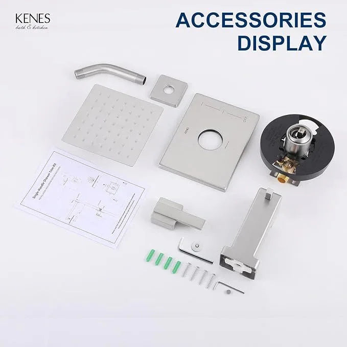 KENES Tub Shower Faucet Set Complete, Brushed Nickel Tub and Shower Trim Kit with 6-Inch Rain Shower Head, Square Shower System, KE-6025A (Shower Valve Included) - ModernBath