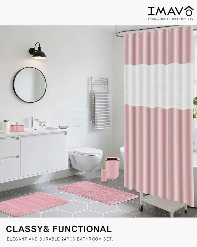 Bathroom Accessories Set,Pink Bathroom Set,24 Pieces Bathroom Accessory Set with Shower Curtain,Trash Can for Bathroom Accessories Décor and Home Gifts - ModernBath