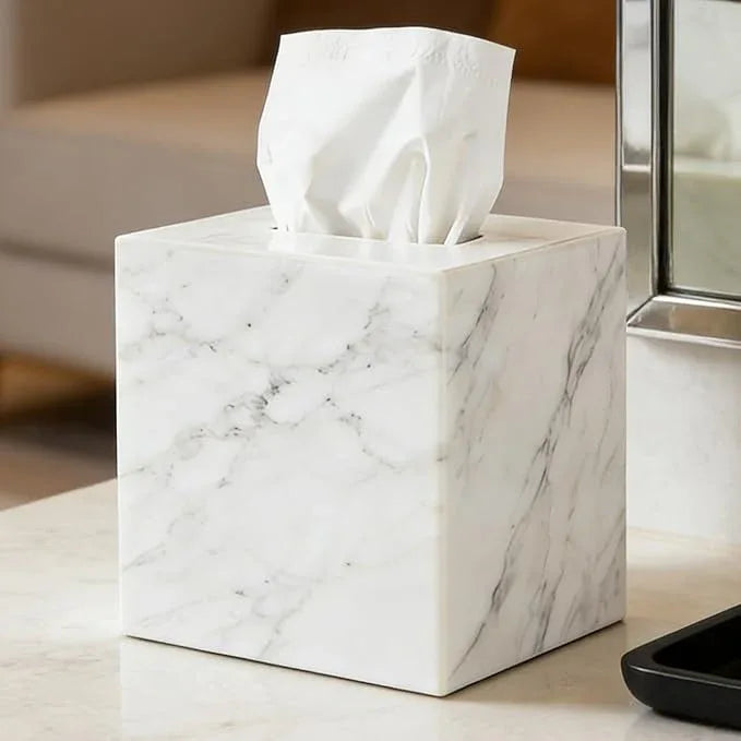 Natural Marble White Tissue Box Cover, Heavy Duty Nature Stone Tissue Box Holder, Elegant & Luxurious Grey Square Toilet Tissue Box Holder for Bathroom, Bedroom, Living Room, Office - ModernBath