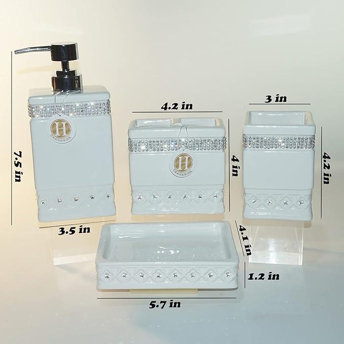 CAAHANJIA Bathroom Accessories Set 4 Pcs-Ceramic Gift Set Soap Dispenser Pump & Toothbrush Holder & Tumbler Cup & Soap Dish - Bathroom Home Decor Clearance, Countertop Vanity Organize (15 Ounce) - ModernBath