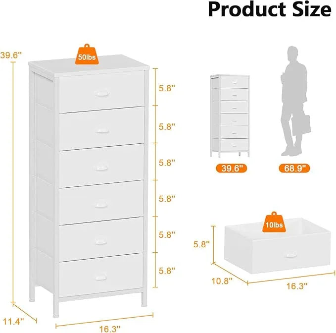 Furnulem White Tall Dresser for Bedroom,Vertical Storage Tower Unit and End Table with 6 Fabric Drawers, Nightstand Furniture with Drawer Organizer in Living Room,Closet,Entryway,Hallyway - ModernBath