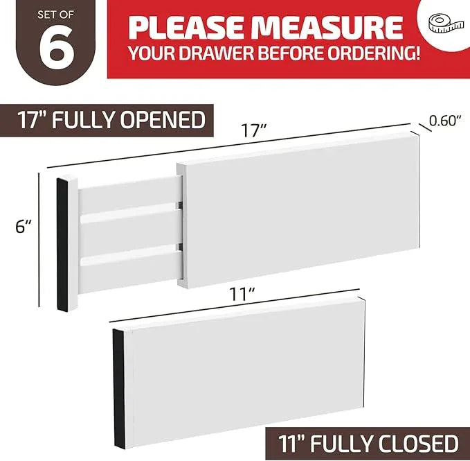 6 Pack Drawer Dividers 6 Inch High, 11”-17" Adjustable Bamboo Organizers Large Expandable Drawer Separators for Cloths, Dresser, Bedroom, Bathroom, Baby Drawer, Office & Kitchen Utensils (White) - ModernBath