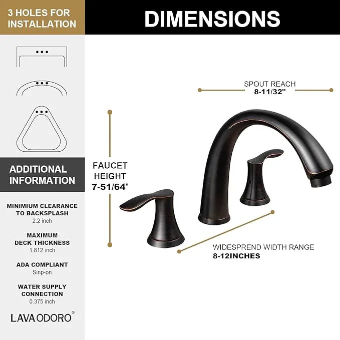 Oil Rubbed Bronze Roman Tub Faucet, Lava Odoro 8 inch Widespread Bathtub Faucet with Valve, High Flow 2 Handle Deck Mount Tub Faucet, Solid Brass 3 Hole Bath Tub Filler TF405-ORB - ModernBath