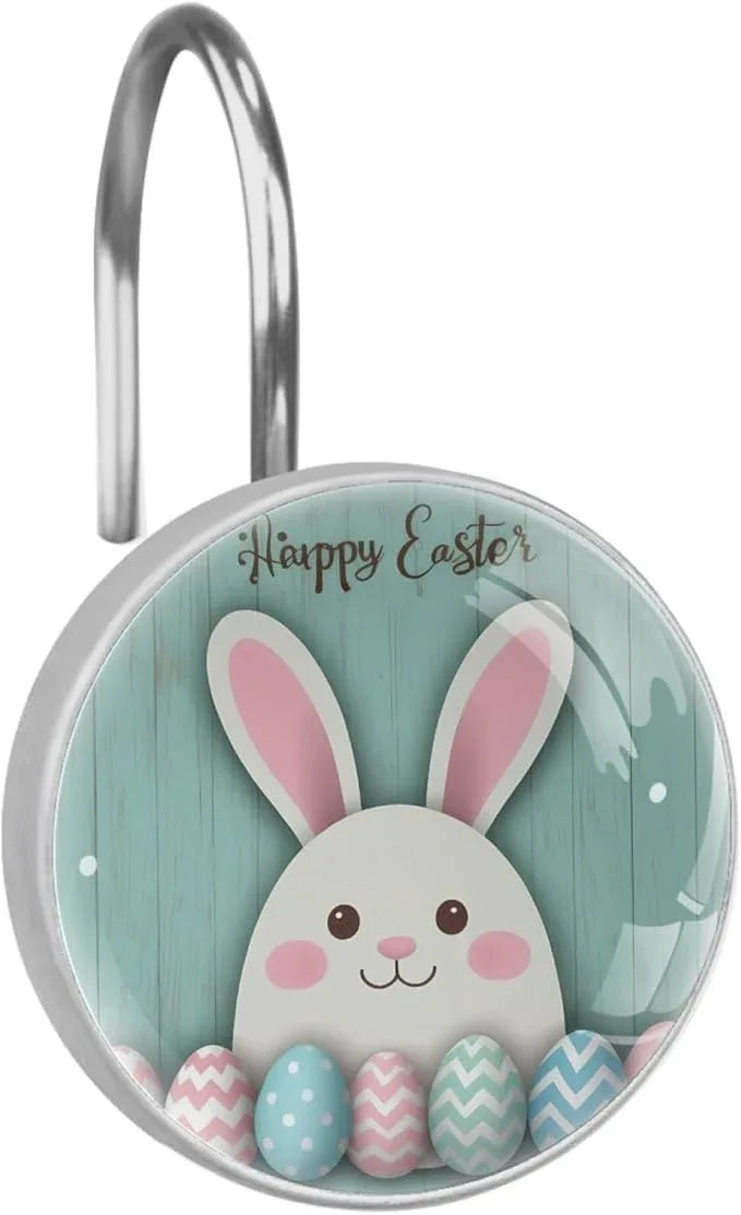 Rural Teal and Easter Bunny Crystal Glass Shower Curtain Hooks for Bathroom Shower Rod, 12Pcs Round Home Decorative Shower Curtain Rings, Bathroom Bedroom Living Room Accessories - ModernBath