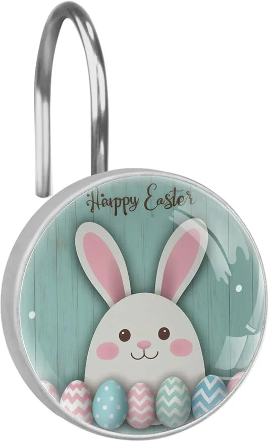 Rural Teal and Easter Bunny Crystal Glass Shower Curtain Hooks for Bathroom Shower Rod, 12Pcs Round Home Decorative Shower Curtain Rings, Bathroom Bedroom Living Room Accessories - ModernBath