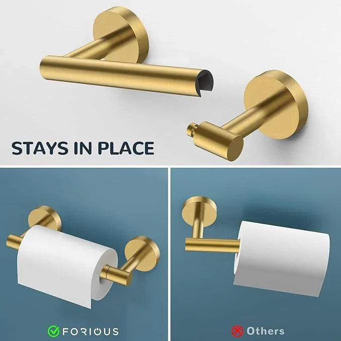FORIOUS 4 Piece Bathroom Accessories, SUS304 Stainless Steel Double Post Pivoting Toilet Paper Holder, Towel Ring and 2 Towel Hooks, Wall Mounted Bathroom Hardware Set (Dark Gold) - ModernBath