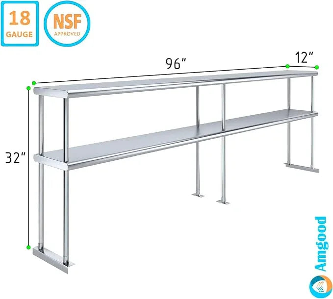 AmGood Double OverShelf Stainless Steel NSF - Many (96" Long x 12" Deep) - ModernBath