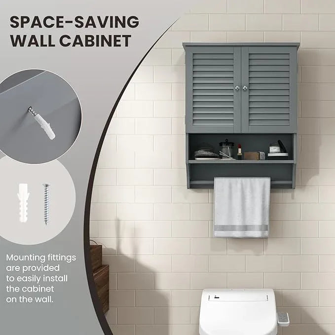 Tangkula Wall Mounted Bathroom Cabinet with Open Shelf & Bar, Medicine Cabinet with Double Louvered Doors, Wall Storage Cabinet with Adjustable Shelf, for Bathroom Living Room Kitchen (Grey) - ModernBath
