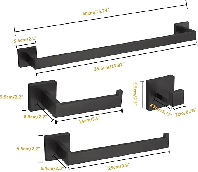 4-Piece Bathroom Hardware Set, Towel Rack Towel Bar Towel Holder Toilet Paper Holder Matte Black Towel Hooks Modern Square Stainless Steel Wall Mounted Bathroom Accessories Set (16inch) - ModernBath