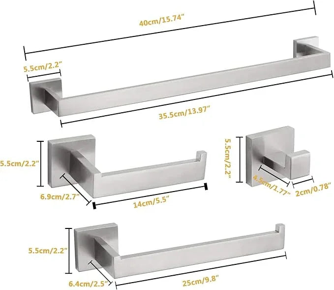 4-Piece Bathroom Hardware Set, Towel Rack Towel Bar Towel Holder Toilet Paper Holder Towel Hooks Modern Square Premium Stainless Steel Brushed Nickel Wall Mounted Bathroom Accessories Set (16inch) - ModernBath