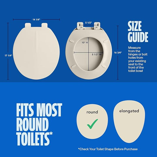 HIGHCRAFT Premium Round Toilet Seat with Adjustable Hinges - Molded Plastic Toilet Seat - Fits Standard Round Toilets - Round Seat in Bone/Beige