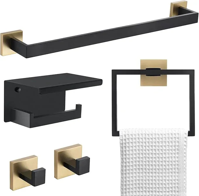 5 Pieces Bathroom Hardware Set Black and Gold Towel Bar Set, Toilet Paper Holder with Shelf, Towel Holder Set in Bathroom, Wall Mounted Stainless Steel, 23.6 Inches - ModernBath