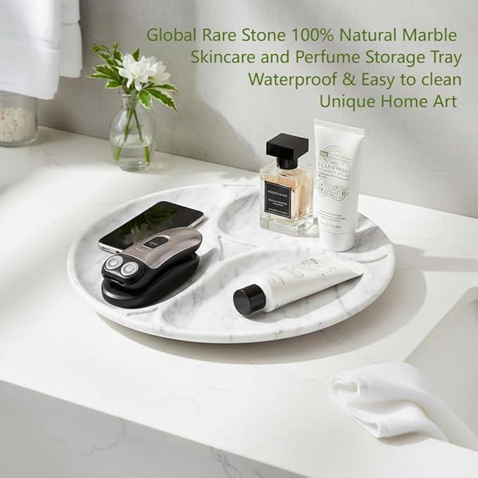 Marmor 100% Natural Marble Bathroom Tray for Perfume, Candles, Jewelry Stone Vanity, Bathroom & Kitchen Counter Organizer and Home Decor (Statuario White Marble Plate with Separate plate) - ModernBath