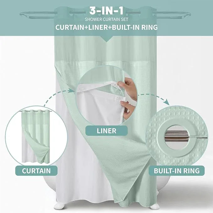 eachope MintGreen No Hook Waffle Weave Shower Curtain with snap-in Liner Replacement, 230GSM Waterproof Fabric Hotel Shower Curtain Set for Bathroom, Through Mesh Top Window,54Wx80H - ModernBath