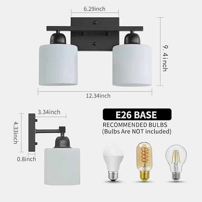 2 Light Black Bathroom Light Fixture, Modern Bathroom Lights with Milky White Frosted Glass Shades for Mirror Living Room Bedroom Hallway E26 Base - ModernBath