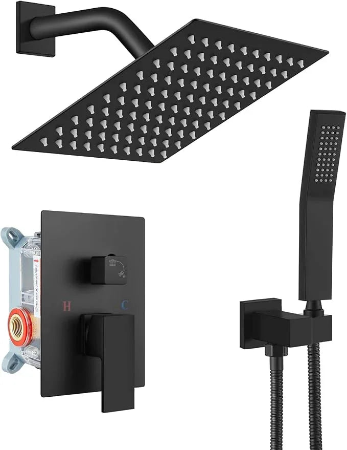 gotonovo Rainfall Bathroom Shower System Rain Shower Head and Handle Set Wall Mounted Shower Complete Combo Solid Brass Pressure Balancing Shower Mixer Valve 8 Inch Matte Black - ModernBath