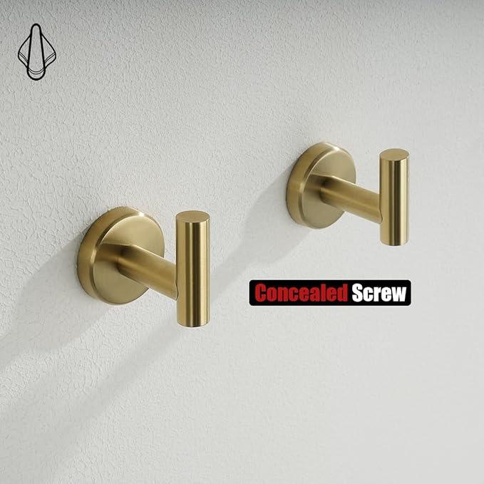 JQK Bathroom Towel Hook Brushed Gold, Brass Coat Robe Clothes Hook for Bathroom Kitchen Garage Wall Mounted (Pack of 2), SUS 304 Stainless Steel 0.8mm, TH100-BG-P2 - ModernBath