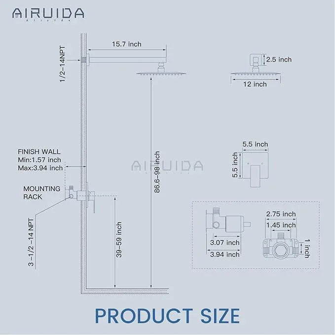 Airuida Shower Faucet Set Bathroom Rain Shower System SUS304 Stainless Steel Single Handle With Male Threads Rough-in Valve Shower Trim Kit 12 Inch Wall Mount Shower Head Chrome Polish - ModernBath