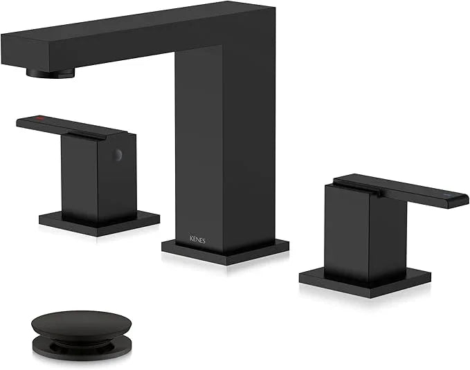 KENES Black Widespread Bathroom Faucet 3 Hole Bathroom Sink Faucet Matte Black Two Handle, 8-Inch 3 Pieces Bathroom Vanity Faucet with Pop Up Drain & Supply Lines, KE-9050-2-P - ModernBath