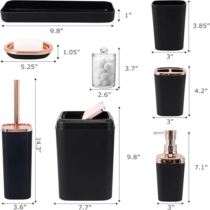 XLHOMO Black Bathroom Accessories, 9-Piece Black Bathroom Set with Trash Can, Vanity Tray, Soap Dispenser, Soap Dish, Toothbrush Holder, Toothbrush Cup, Toilet Brush and Qtip Holders - ModernBath