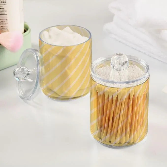 Tatenale Qtip Holder Bathroom Set Q tip Cotton Ball Swab Pad Dispenser Container Organizer Plastic Jars with Lids Storage 2Pack White Diagonal Lines Yellow - ModernBath