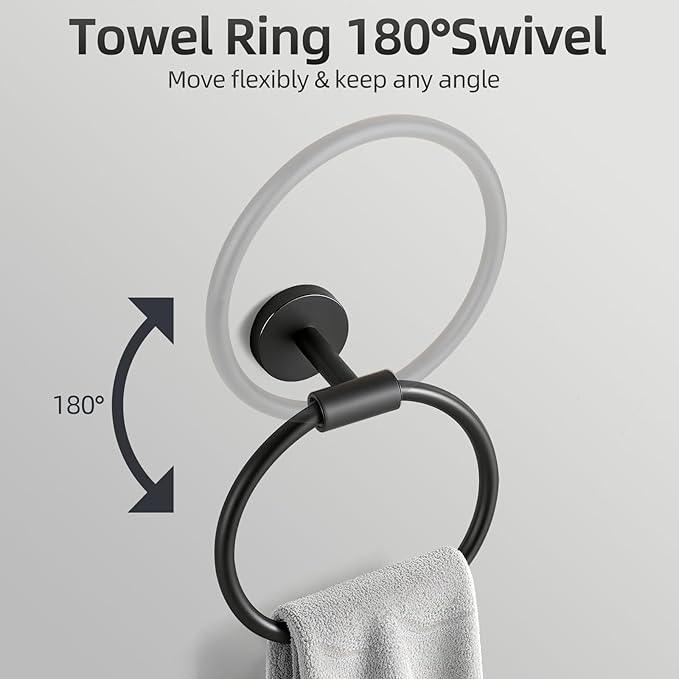 Matte Black Bathroom Hardware Accessories Set 5 Pieces, SUS304 Stainless Steel Bathroom Towel Bar Toilet Paper Holder Set Wall Mounted-19 Inch Towel Bar, Toilet Paper Holder, Towel Hooks, Towel Ring - ModernBath