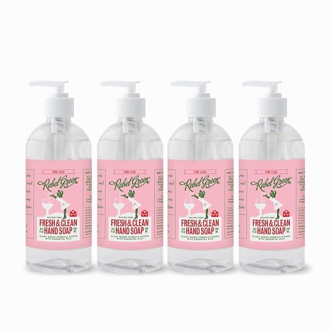 Rebel Green Liquid Hand Soap - Natural Hand Soap Pump Bottles - Bathroom & Kitchen Hand Soap - Hand Wash with Fresh Pink Lilac Scent - (16.9 oz Bottles, 4 Pack) - ModernBath
