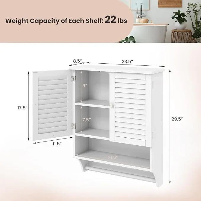 Tangkula Wall Mounted Bathroom Cabinet with Open Shelf & Bar, Medicine Cabinet with Double Louvered Doors, Wall Storage Cabinet with Adjustable Shelf, for Bathroom Living Room Kitchen (White) - ModernBath