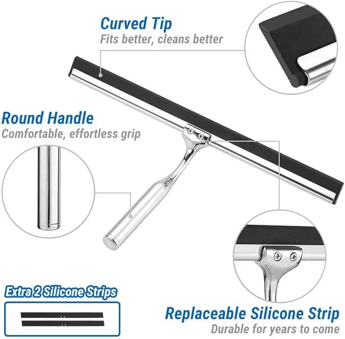ecooe Stainless Steel Shower Squeegee with Hook, 12″ Shower Glass Cleaner Wiper Scraper with 2 Replacement Blade Window Squeegee for Home Bathroom Kitchen Car Glass Doors - ModernBath