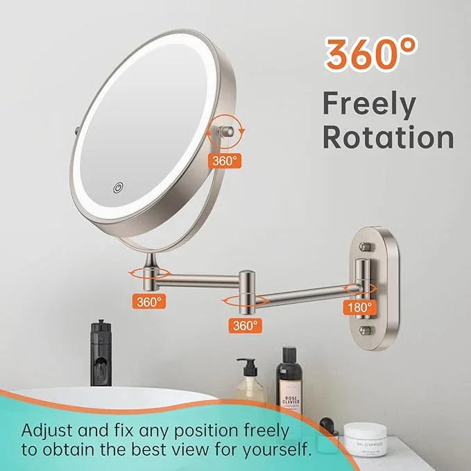 5000mAh Rechargeable Wall Mounted Lighted Makeup Vanity Mirror, Double Sided 1X 30X Magnifying Bathroom Mirror, 3 Color Lighting, Touch Screen Dimming, Extended Arm 360 Rotation Shaving Mirror - ModernBath