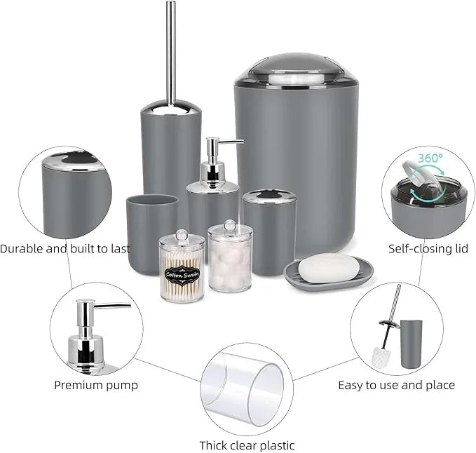 IMAVO Bathroom Accessories Set,Grey Bathroom Set,9 Pieces Bathroom Accessory Set,Tray,Qtip Holders,Toilet Brush,Trash Can for Bathroom Décor and Home Gifts - ModernBath
