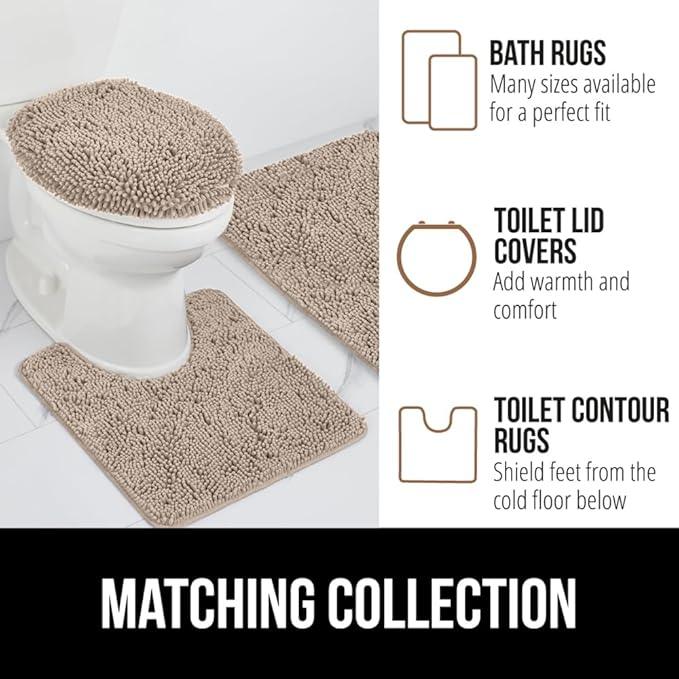 GORILLA GRIP Bathroom Rug Sets 3 Piece, Bath Mat Set and Oval Toilet Base with Rubber Backing, Plush Absorbent Shaggy Chenille Washable Mats, Includes 24x19.5, 24x17 and 36x24 Inch Rugs, Gray Beige - ModernBath