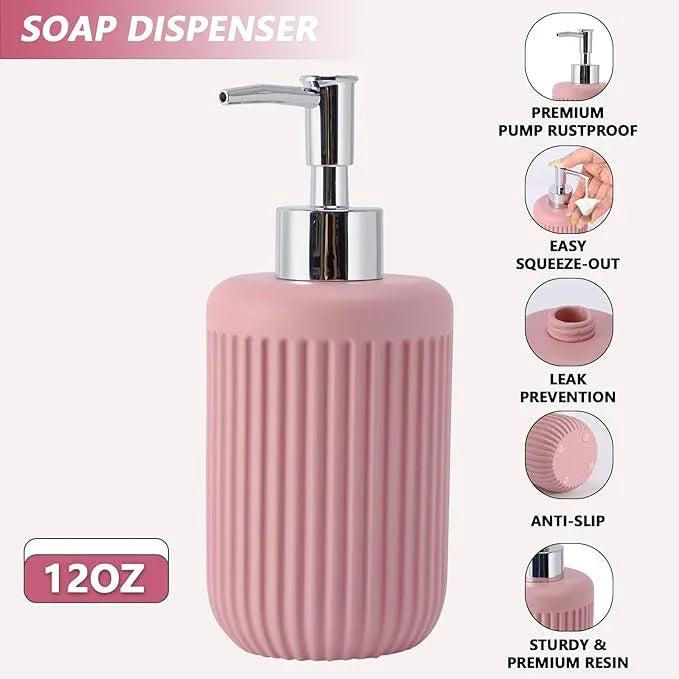 XLHOMO Resin Pink Bathroom Accessories Set 5 Pcs, Lotion Soap Dispenser, Toothbrush Holder, Bathroom Tumbler, Qtip Holder and Vanity Tray, Bathroom Countertop Organizer Set for Modern Home Apartment - ModernBath