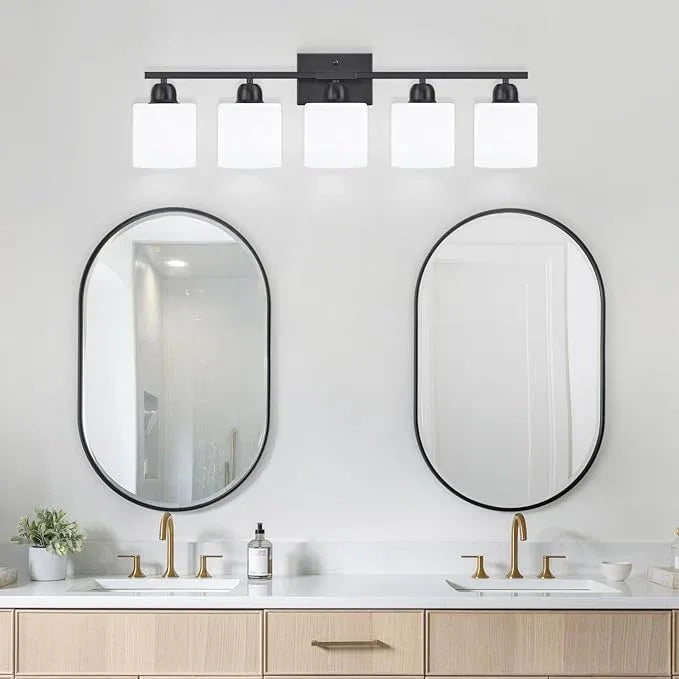 5-Light Black Bathroom Vanity Light, Black Vanity Light with Milky White Frosted Glass Shades, Modern Vanity Light Fixture for Bathroom Mirror, Bedroom, Living Room, Hallway, Vanity Table, E26 Base - ModernBath