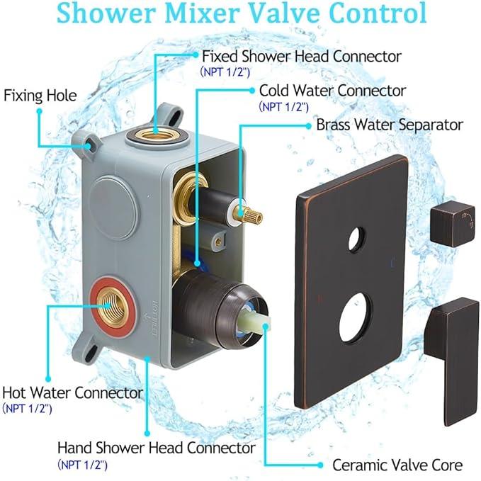 annazom Oil Rubbed Bronze rain Shower Faucet Set Shower System 12 Inches Square Shower Head with Handheld, Waterfall Showerhead, All Metal Shower Faucet Trim Repair Kits (Contain Shower Valve) - ModernBath