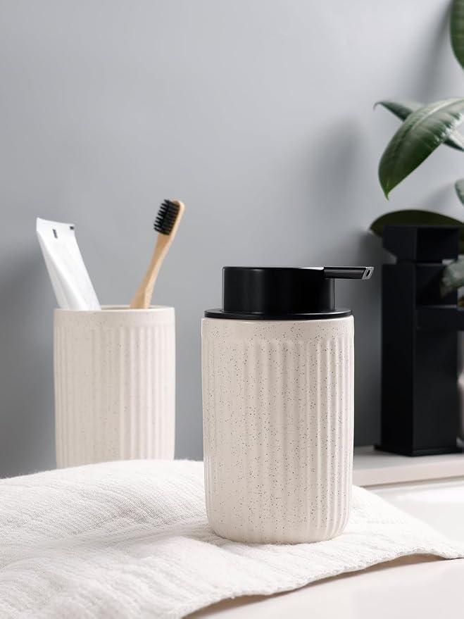 Bosilunlife Soap Dispenser and Toothbrush Holder Set - Dish Hand Soap Dispenser Bathroom Set Ceramic Bathroom Counter Soap Toothbrush Holder Set Beige Bathroom Accessories Set - ModernBath