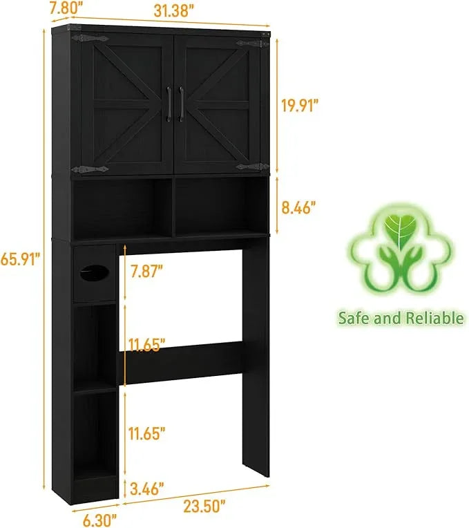 Vabches Over The Toilet Storage Cabinet, Farmhouse Storage Cabinet Over Toilet with 2 Barn Doors && Toilet Paper Holder Stand，Home Space-Saving Toilet Rack, for Laundry, Restroom, Bathroom.Pure Black - ModernBath