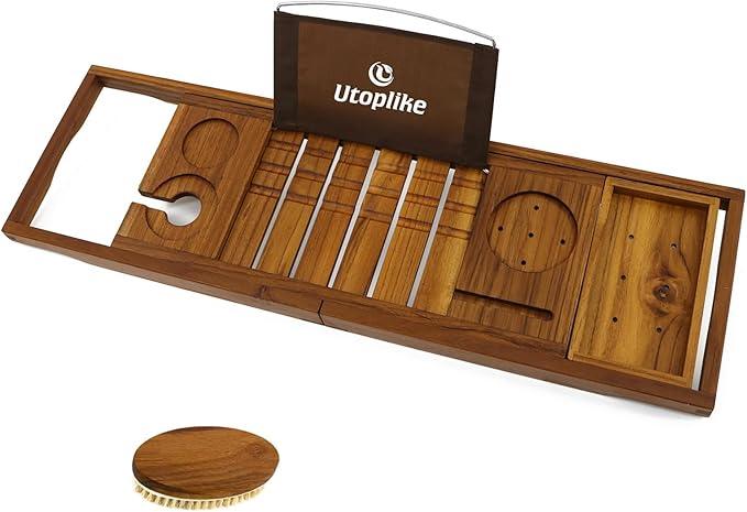 Utoplike Teak Bathtub Caddy Tray Bath Tray for Tub, Unique Bathtub Organizer with Book Tablet Wine Glass Cup Towel Holder, Adjustable, for Your Loved - ModernBath