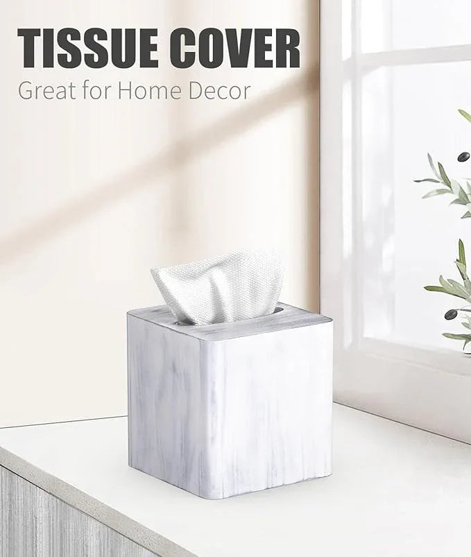Livelab Tissue Box Cover Square - Oak Wood Tissue Box Holder for Living Room, Dinner Table, Bathroom, Office - Decorative Wooden Cube Facial Tissue Cover for Modern Farmhouse Home Decor | Whitewash - ModernBath