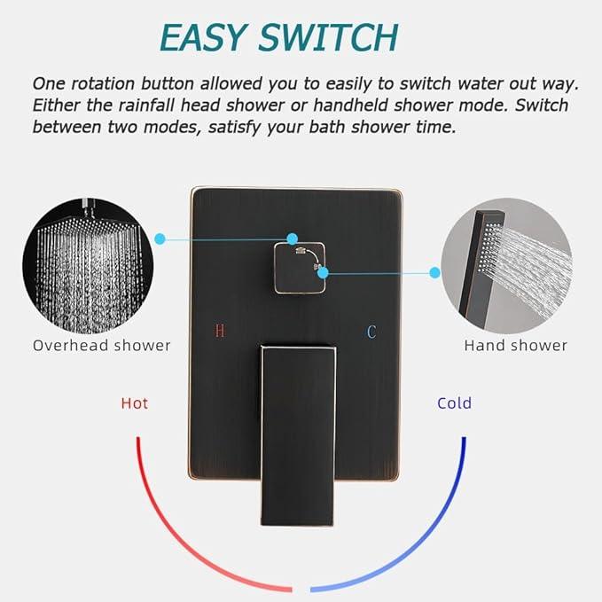 JingGang 12 Inch Ceiling Mount Oil Rubbed Bronze Shower System Bathroom Luxury Rain Mixer Shower Combo Set Ceiling Rainfall Shower Head System (Contain Shower Faucet Rough-in Valve Body and Trim Kit) - ModernBath