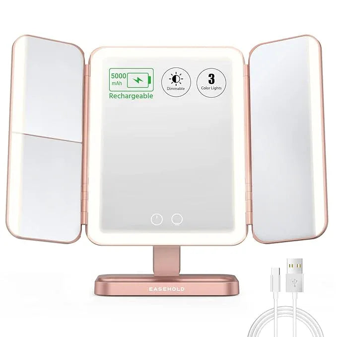 EASEHOLD Rechargeable Vanity Mirror with Lights, 116 LEDs Make up Mirror, 3-Color Lighted Makeup Mirror, 2X/3X/10X Magnification, 5000 mAh, Touch Sensor, Light up Mirror, Gifts for Women - ModernBath