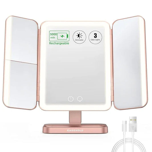 EASEHOLD Rechargeable Vanity Mirror with Lights, 116 LEDs Make up Mirror, 3-Color Lighted Makeup Mirror, 2X/3X/10X Magnification, 5000 mAh, Touch Sensor, Light up Mirror, Gifts for Women - ModernBath