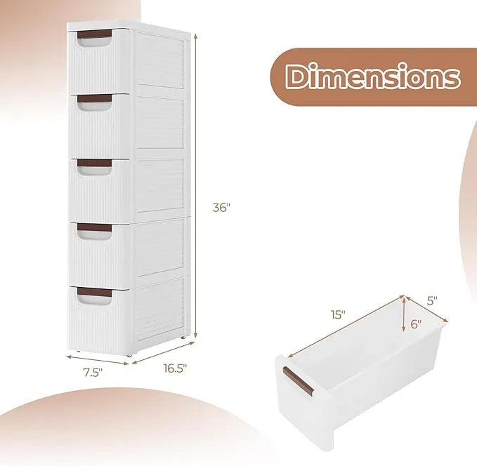 Giantex 5 Drawers Storage Cart, Narrow Plastic Dresser, Rolling Organizer Cart for Office Classroom Bedroom Bathroom Art Craft Supplies, Mobile Slim Utility Cart on Wheels (7.5"x16.5"x36") - ModernBath
