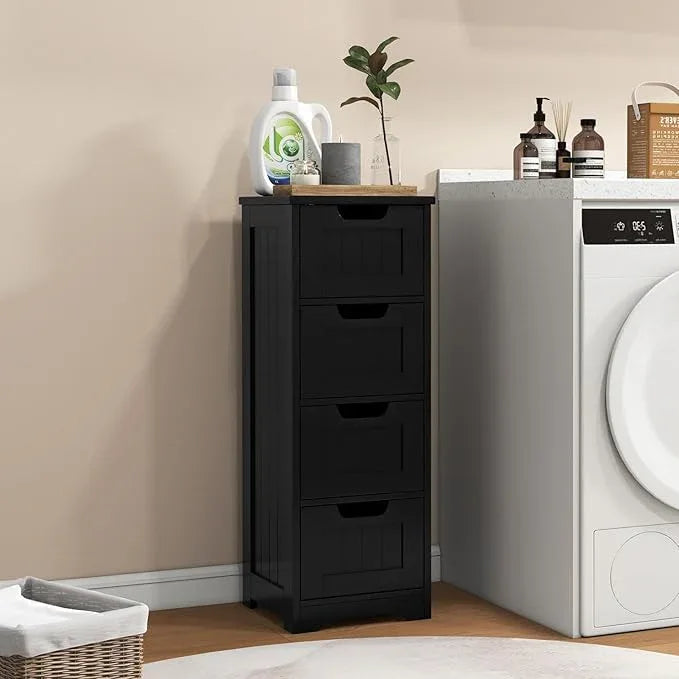 LOKO Floor Storage Cabinet with 4 Drawers, Bathroom Cabinet with Anti-toppling Device, Multifunctional Floor Cabinet for Bathroom, Living Room, Kitchen, 12 x 12 x 32 inches (Black) - ModernBath