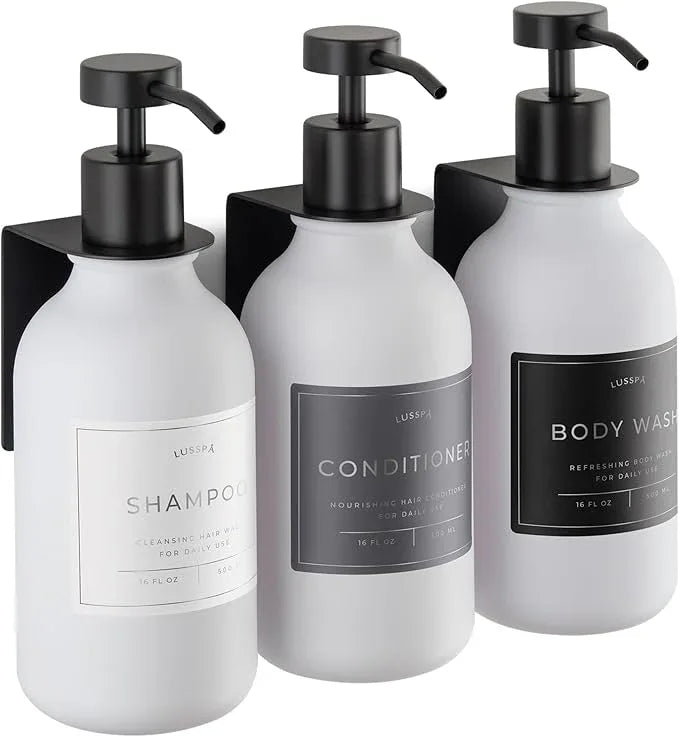 Shampoo & Conditioner Dispenser - Shower Soap Dispenser Wall Mounted - Set of 3 16.9 Oz Plastic Bottles with Pump & Holder - Shampoo Dispenser - Shower Dispenser Chamber No Drill (3 X White/Black) - ModernBath