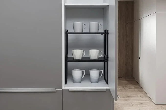Nxconsu Expandable Cabinet Shelf Organizer Riser for Kitchen Pantry Cupboard Under Sink Countertop Home Storage Organization Rack Space Saver Freestanding Heavy Duty Nonslip Stackable Black - ModernBath