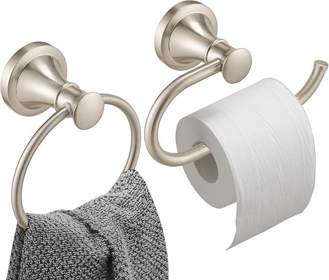 Hoimpro Brushed Nickel 2-Piece Bathroom Bath Set, Wall Mounted Bathroom Hardware Fixture (Towel Ring Holder, Toilet Paper Towel Holder), Bathroom Accessories, Stainless Steel and Zinc Alloy - ModernBath