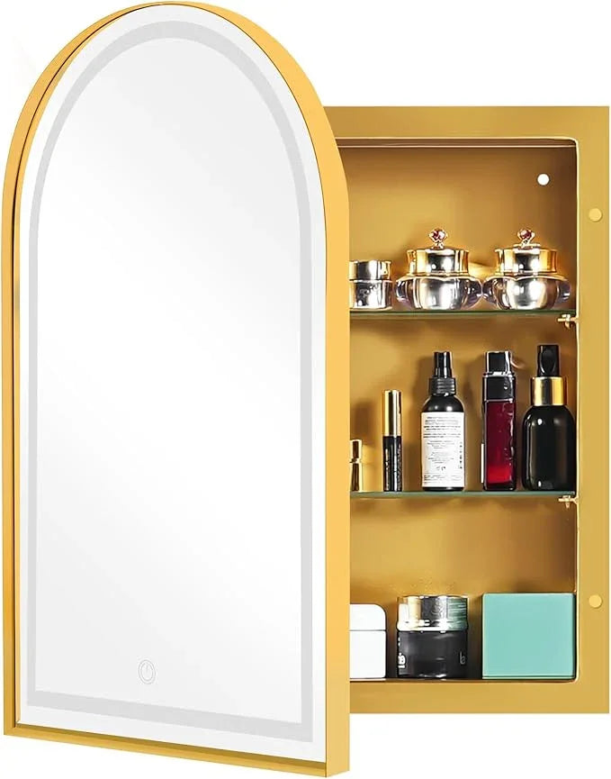 soges LED Medicine Cabinet Lighted Bathroom Mirror, 36”x24” Arched Recessed Medicine Cabinet with 2 Storage Shelves & Beveled Edge Mirror for Bathroom, Wall Mounted Mirror Cabinet, Gold - ModernBath